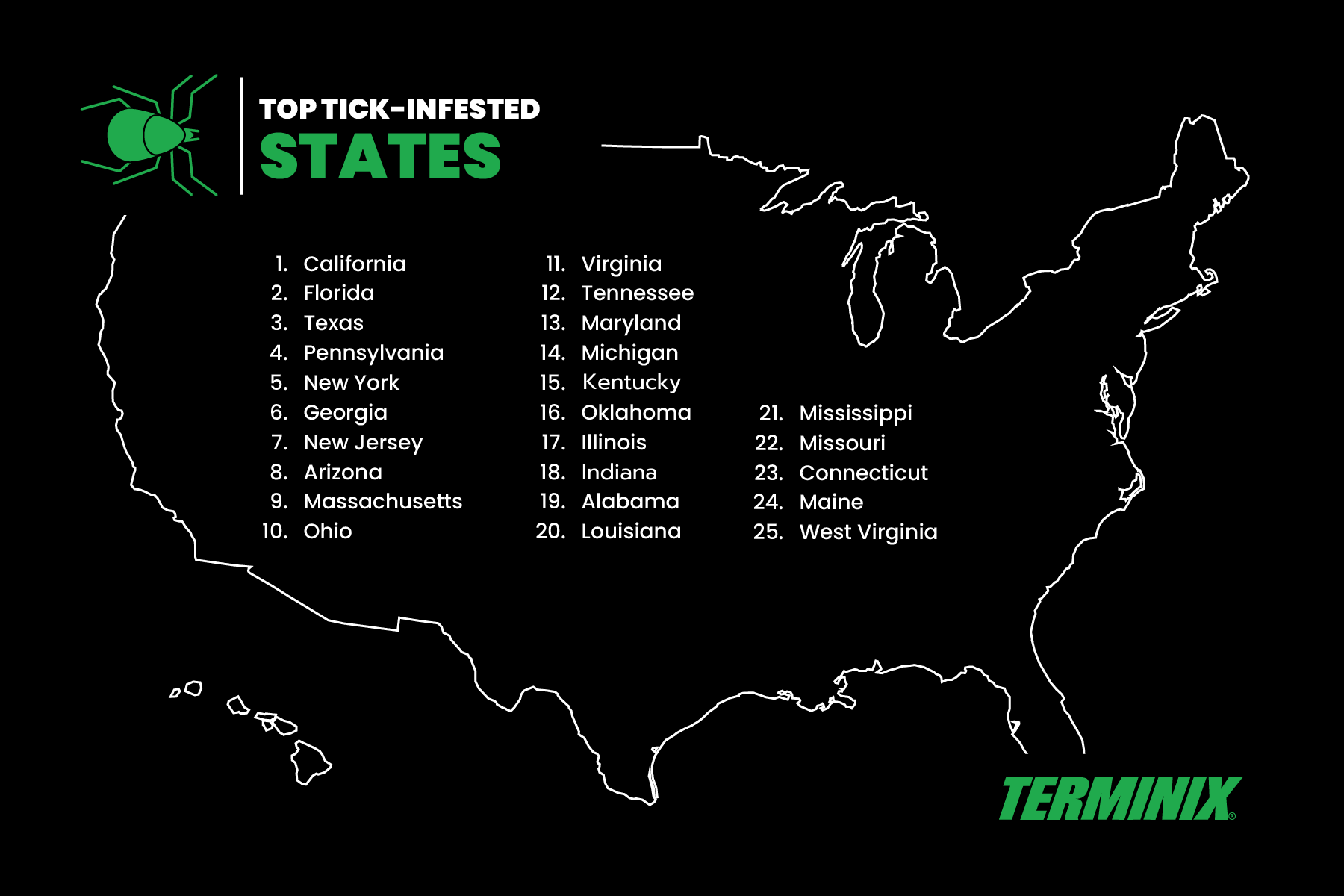 map of the top tick-infested states in the US